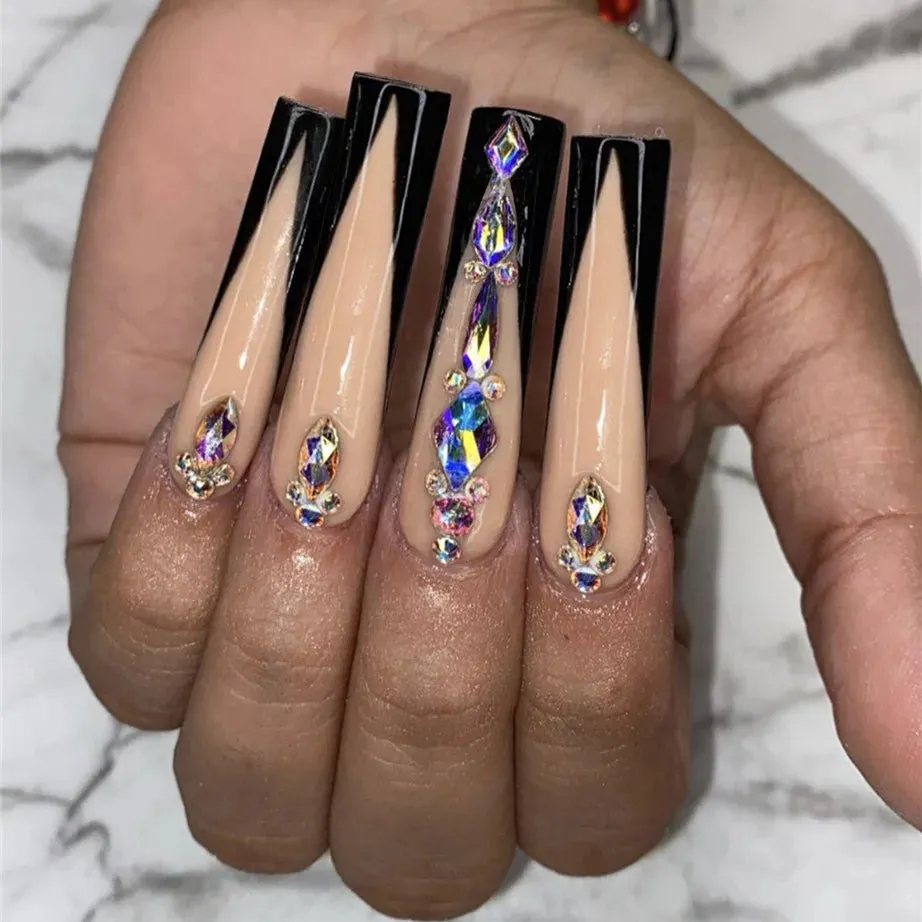 24Pcs Long Coffin False Nails with Glue | Wearable Brown Fake Nails with Rhinestones | Ballet Press on Nails Full Cover Nail Tips | Lady Glams