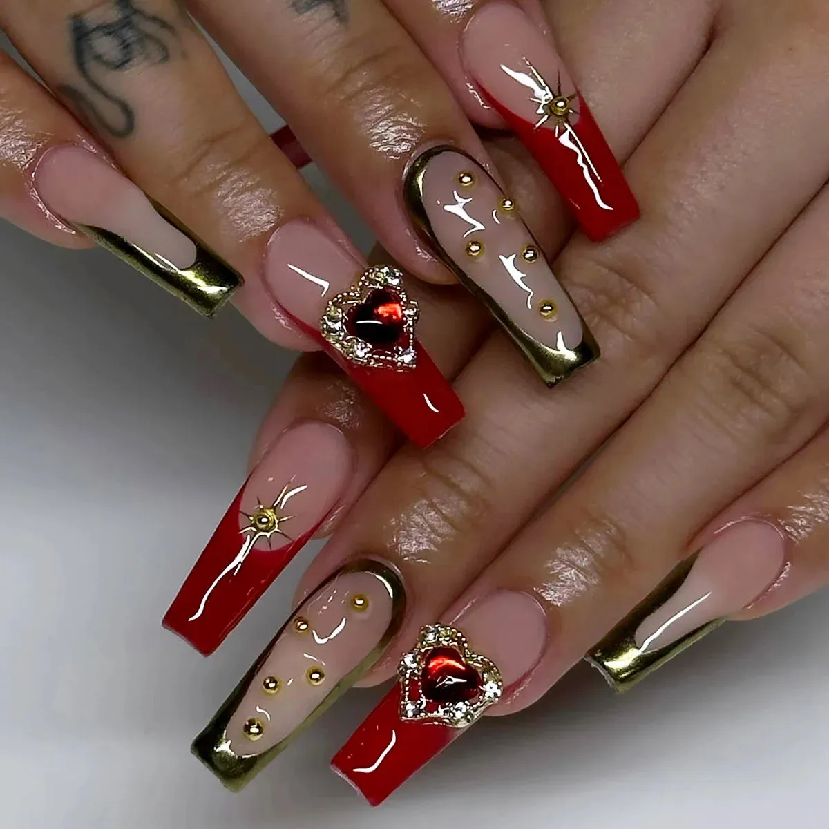 24Pcs Long Coffin False Nails with Glue | Wearable Brown Fake Nails with Rhinestones | Ballet Press on Nails Full Cover Nail Tips | Lady Glams