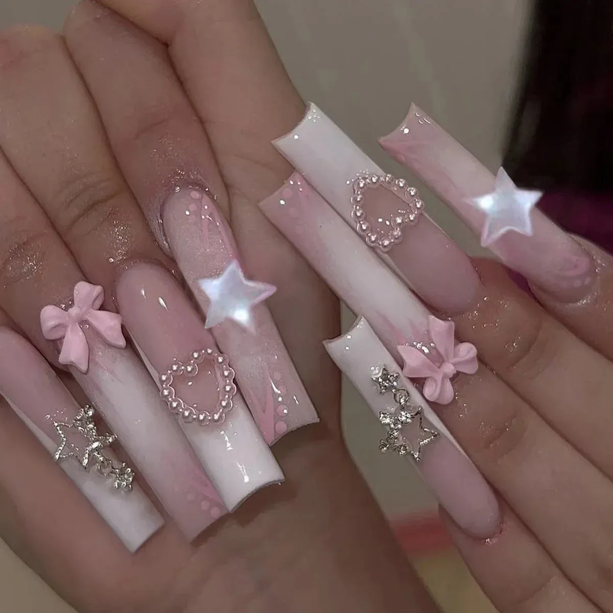 24Pcs Long Coffin False Nails with Glue | Wearable Brown Fake Nails with Rhinestones | Ballet Press on Nails Full Cover Nail Tips | Lady Glams
