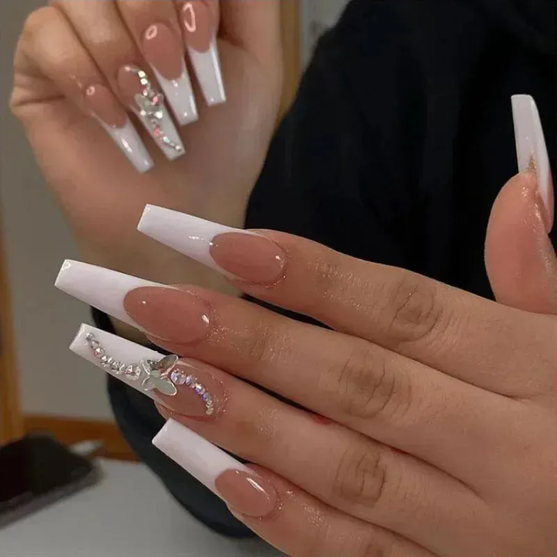 24Pcs Long Coffin False Nails with Glue | Wearable Brown Fake Nails with Rhinestones | Ballet Press on Nails Full Cover Nail Tips | Lady Glams