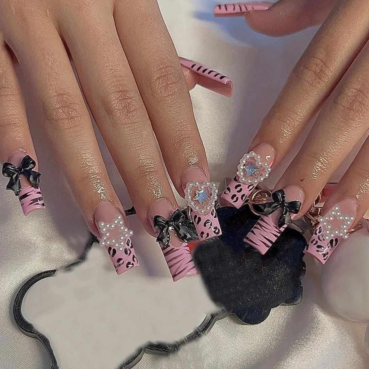 24Pcs Long Coffin False Nails with Glue | Wearable Brown Fake Nails with Rhinestones | Ballet Press on Nails Full Cover Nail Tips | Lady Glams