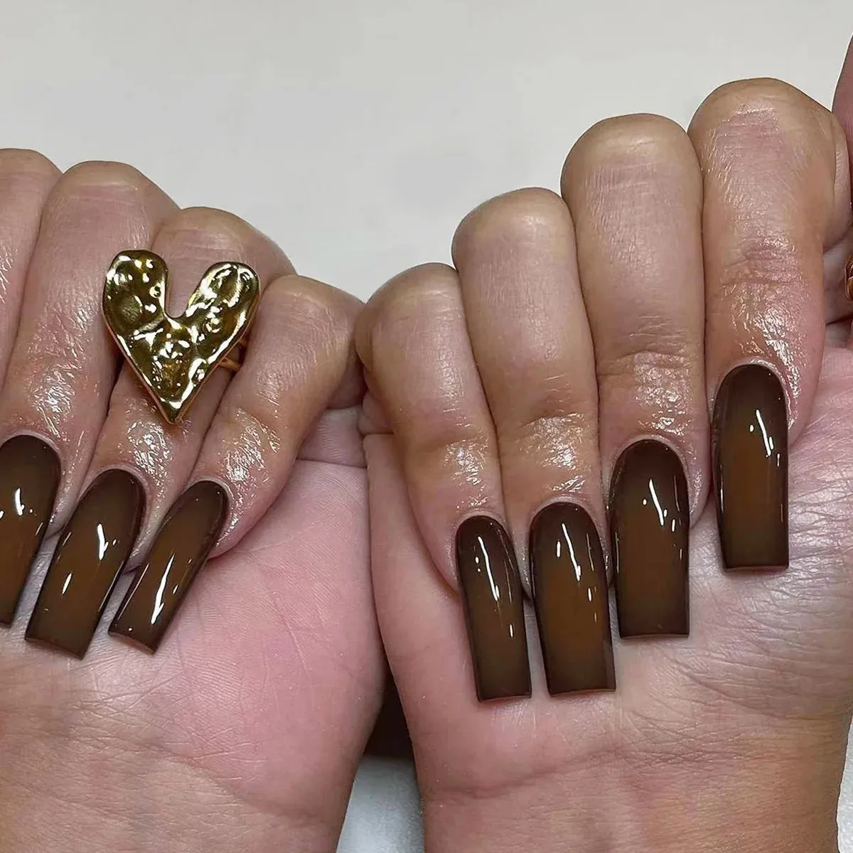 24Pcs Long Coffin False Nails with Glue | Wearable Brown Fake Nails with Rhinestones | Ballet Press on Nails Full Cover Nail Tips | Lady Glams