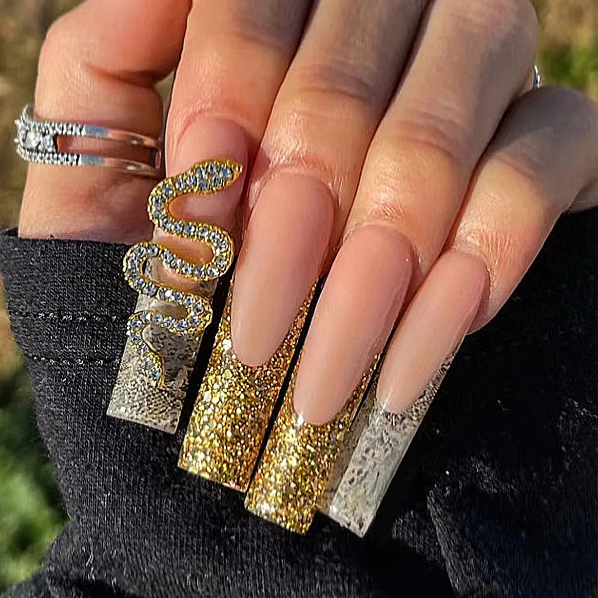 24Pcs Long Coffin False Nails with Glue | Wearable Brown Fake Nails with Rhinestones | Ballet Press on Nails Full Cover Nail Tips | Lady Glams