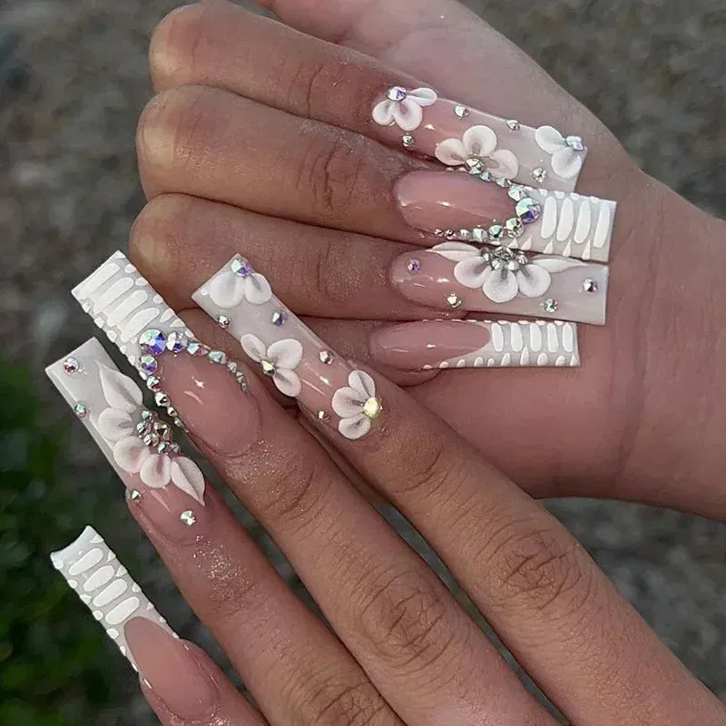 24Pcs Long Coffin False Nails with Glue | Wearable Brown Fake Nails with Rhinestones | Ballet Press on Nails Full Cover Nail Tips | Lady Glams