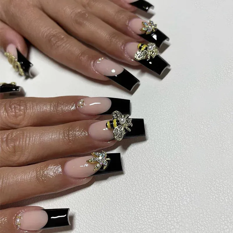 24Pcs Long Coffin False Nails with Glue | Wearable Brown Fake Nails with Rhinestones | Ballet Press on Nails Full Cover Nail Tips | Lady Glams