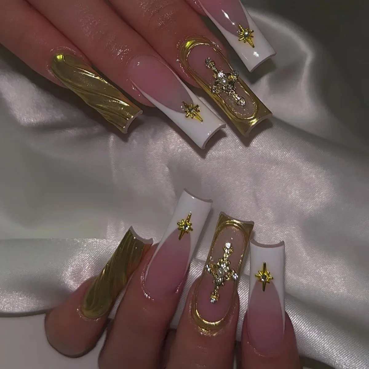24Pcs Long Coffin False Nails with Glue | Wearable Brown Fake Nails with Rhinestones | Ballet Press on Nails Full Cover Nail Tips | Lady Glams