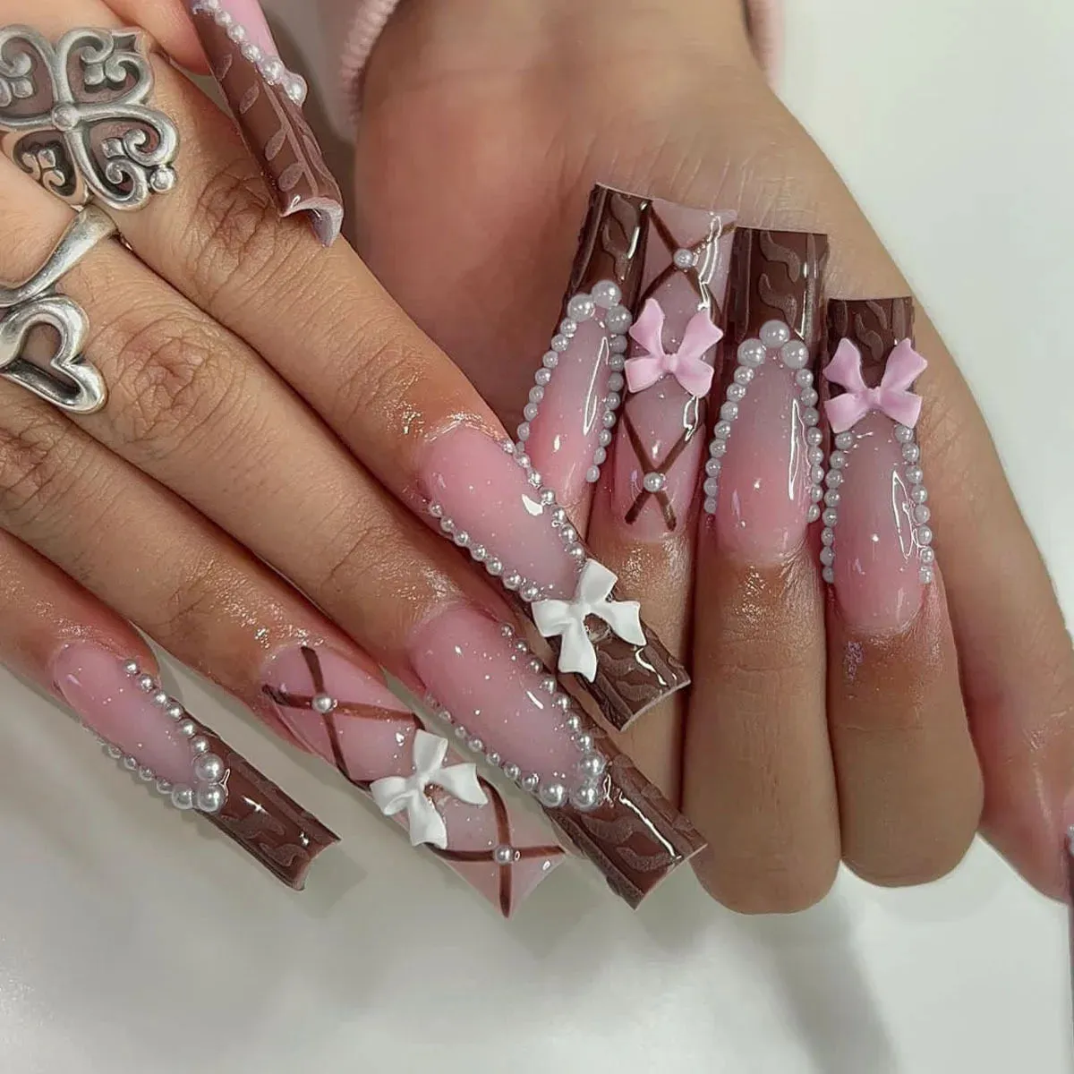 24Pcs Long Coffin False Nails with Glue | Wearable Brown Fake Nails with Rhinestones | Ballet Press on Nails Full Cover Nail Tips | Lady Glams