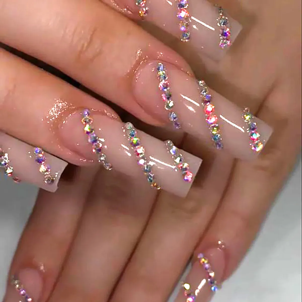 24Pcs Long Coffin False Nails with Glue | Wearable Brown Fake Nails with Rhinestones | Ballet Press on Nails Full Cover Nail Tips | Lady Glams