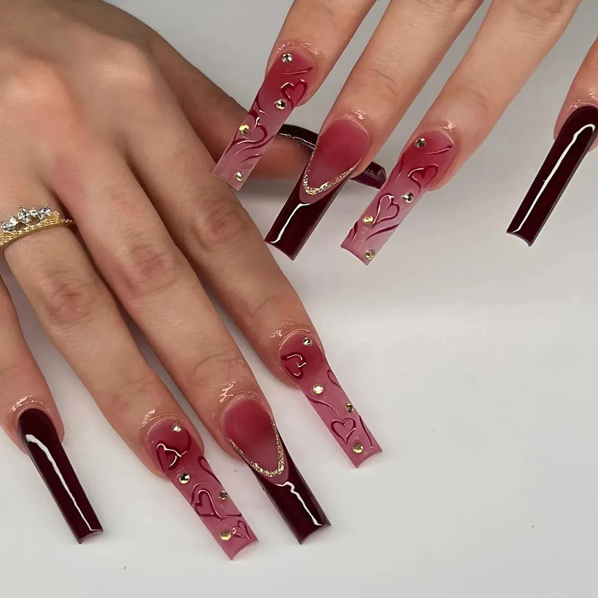 24Pcs Long Coffin False Nails with Glue | Wearable Brown Fake Nails with Rhinestones | Ballet Press on Nails Full Cover Nail Tips | Lady Glams