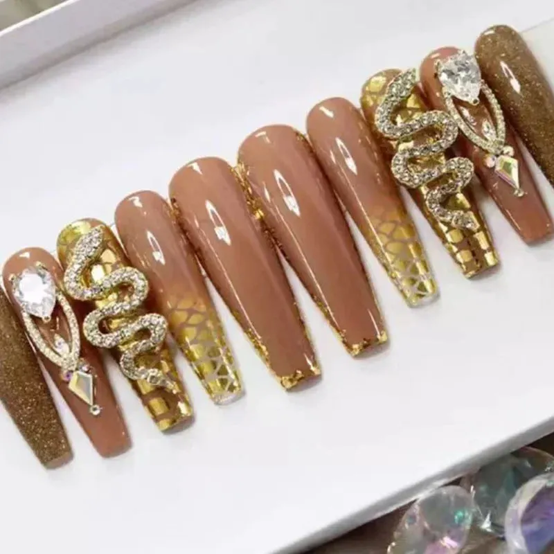 24Pcs Long Coffin False Nails with Glue | Wearable Brown Fake Nails with Rhinestones | Ballet Press on Nails Full Cover Nail Tips | Lady Glams