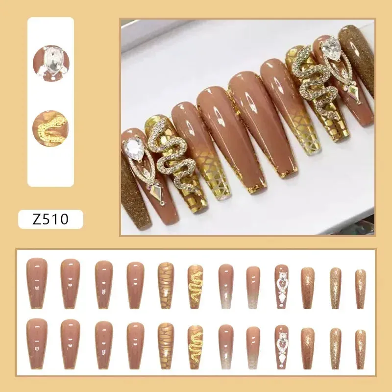 24Pcs Long Coffin False Nails with Glue | Wearable Brown Fake Nails with Rhinestones | Ballet Press on Nails Full Cover Nail Tips | Lady Glams