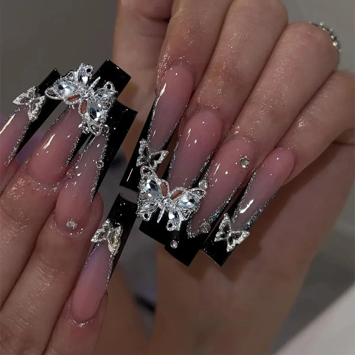 24Pcs Long Coffin False Nails with Glue | Wearable Brown Fake Nails with Rhinestones | Ballet Press on Nails Full Cover Nail Tips | Lady Glams