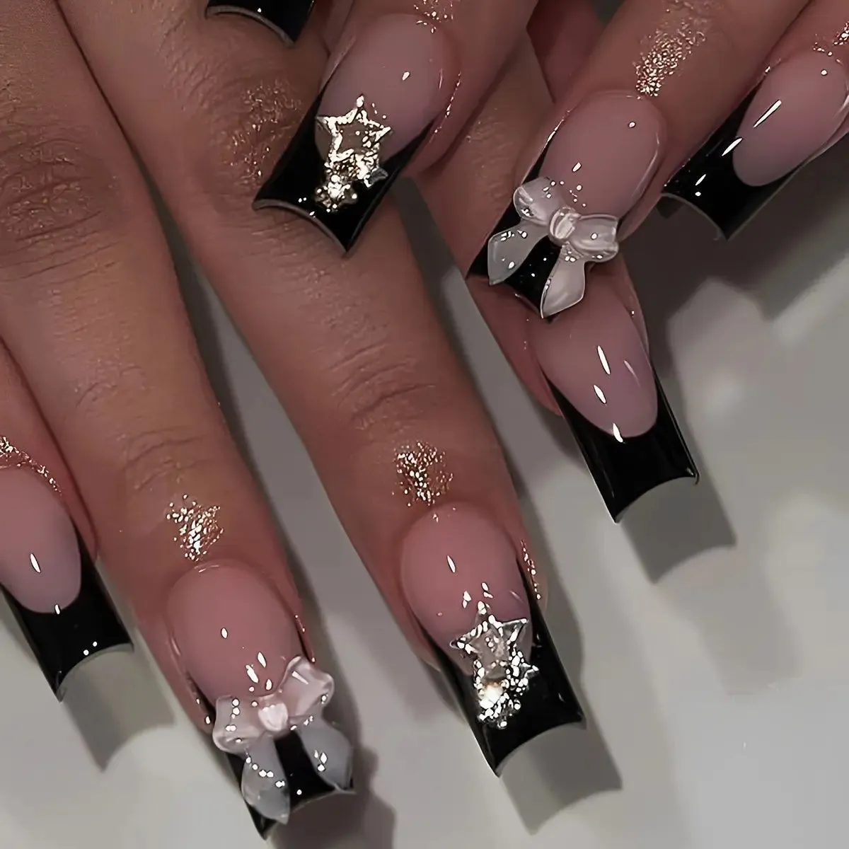 24Pcs Long Coffin False Nails with Glue | Wearable Brown Fake Nails with Rhinestones | Ballet Press on Nails Full Cover Nail Tips | Lady Glams