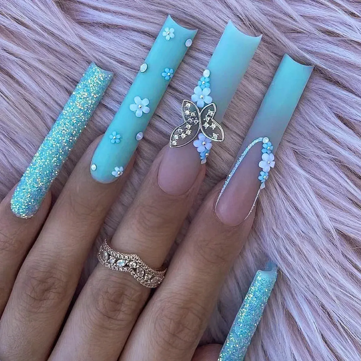 24Pcs Long Coffin False Nails with Glue | Wearable Brown Fake Nails with Rhinestones | Ballet Press on Nails Full Cover Nail Tips | Lady Glams