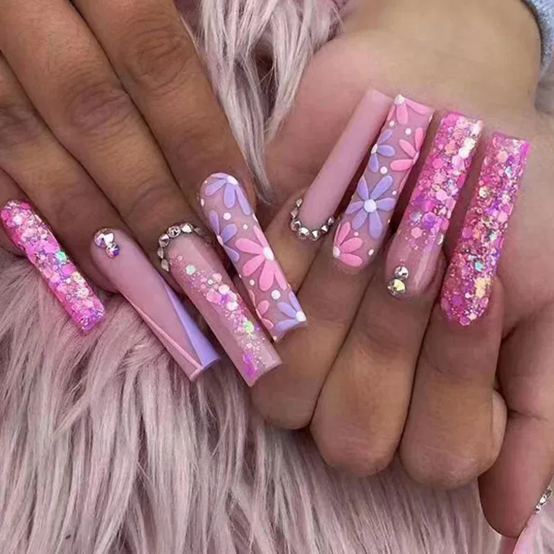 24Pcs Long Coffin False Nails with Glue | Wearable Brown Fake Nails with Rhinestones | Ballet Press on Nails Full Cover Nail Tips | Lady Glams