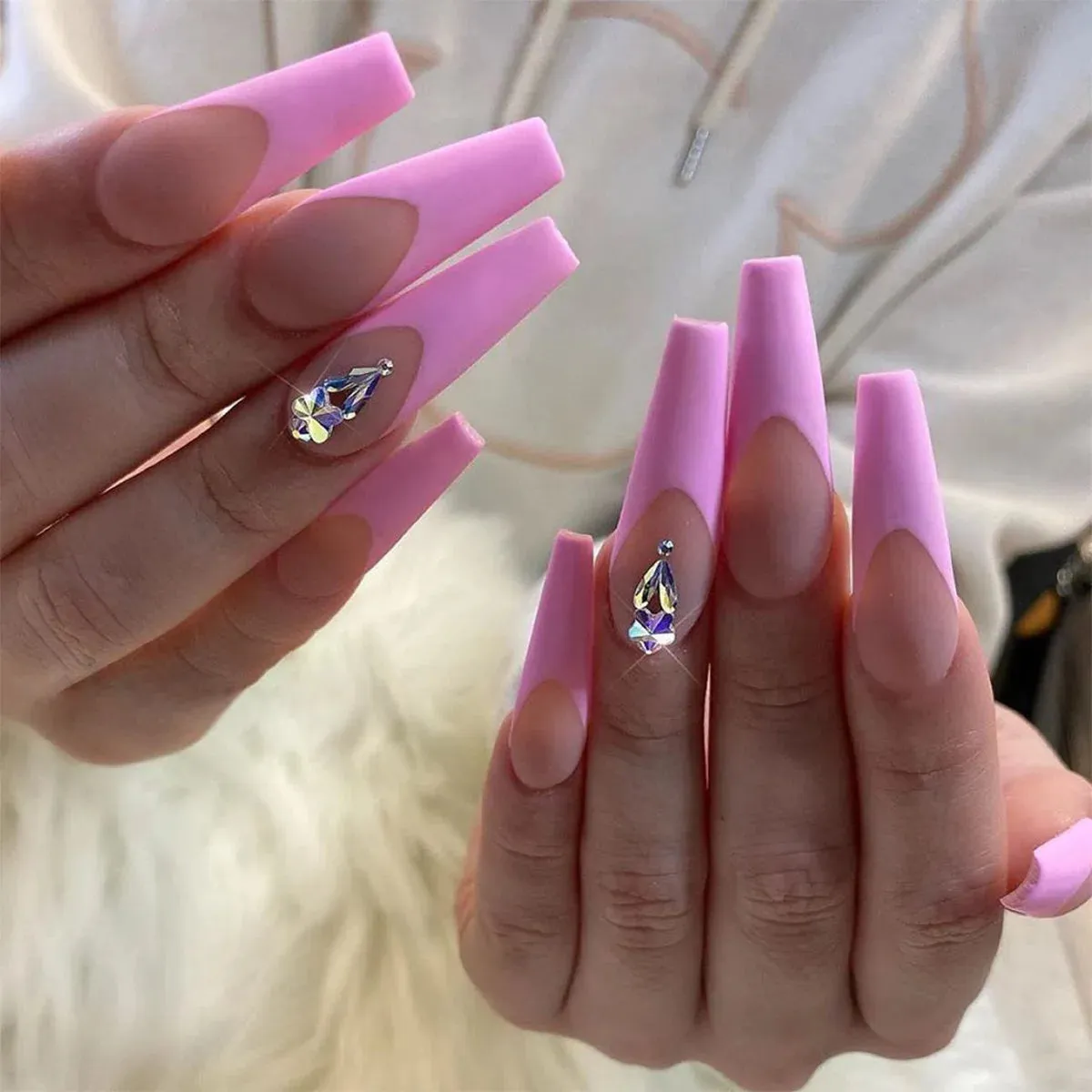 24Pcs Long Coffin False Nails with Glue | Wearable Brown Fake Nails with Rhinestones | Ballet Press on Nails Full Cover Nail Tips | Lady Glams