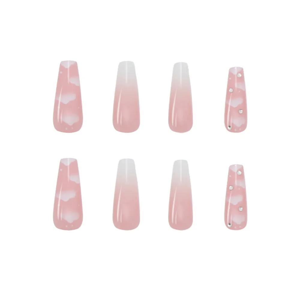 24pcs Super Long Ballerina False Nails Detachable with Pink clouds design nail Wearable Coffin Fake Nails Full Cover Nail Tips