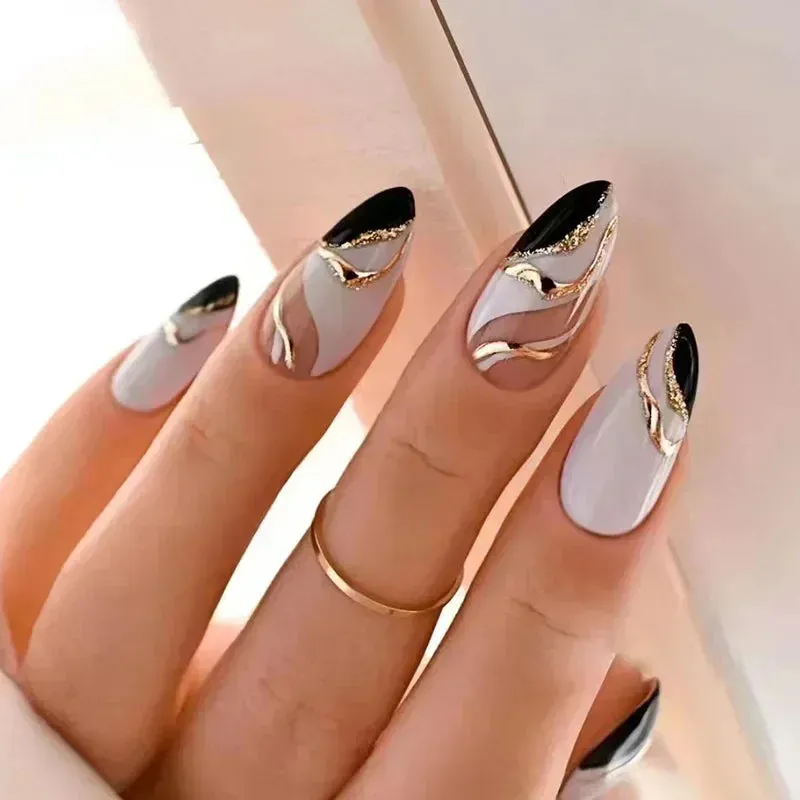 24pcs Wearable Short Round Head False Nails Sparkling French Designs Full Cover Almond fake nails with glue Press On nails tips