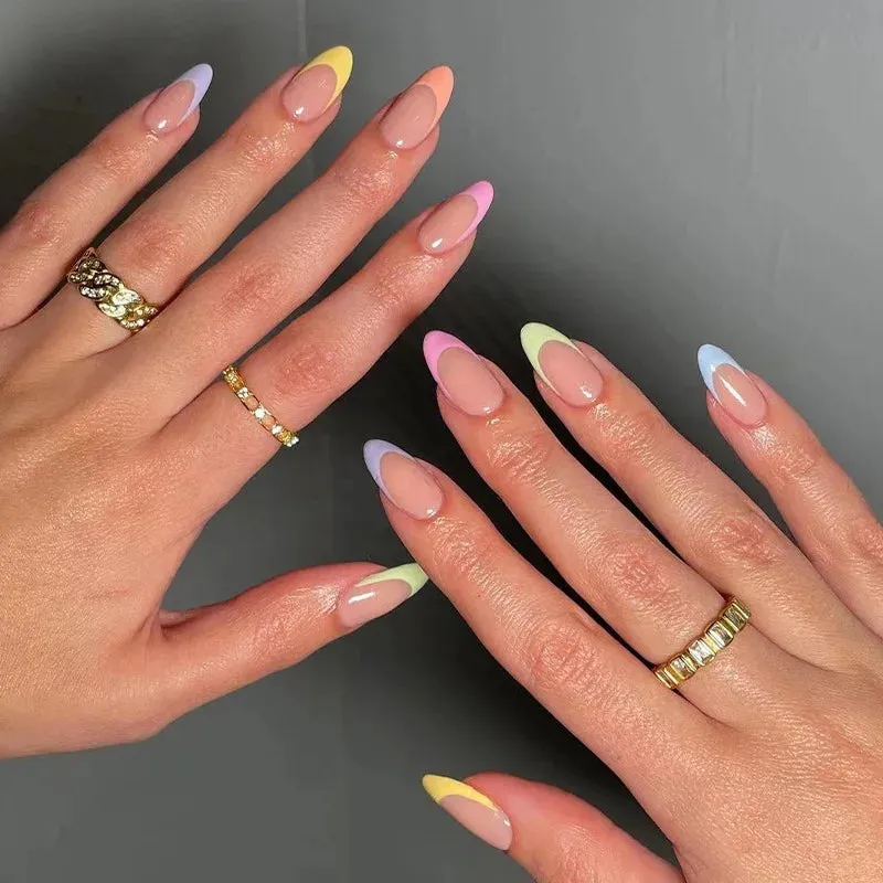 24pcs Wearable Short Round Head False Nails Sparkling French Designs Full Cover Almond fake nails with glue Press On nails tips