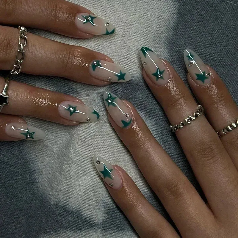 24pcs Wearable Short Round Head False Nails Sparkling French Designs Full Cover Almond fake nails with glue Press On nails tips