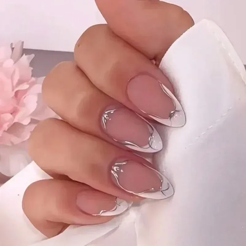 24pcs Wearable Short Round Head False Nails Sparkling French Designs Full Cover Almond fake nails with glue Press On nails tips