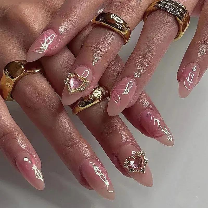 24pcs Wearable Short Round Head False Nails Sparkling French Designs Full Cover Almond fake nails with glue Press On nails tips