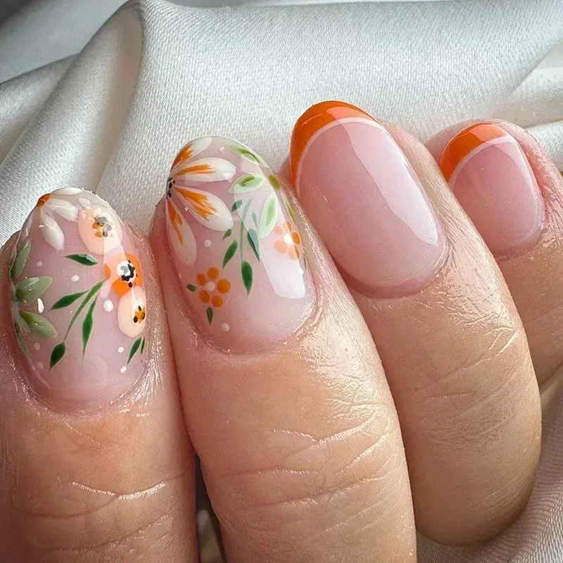 24pcs Wearable Short Round Head False Nails Sparkling French Designs Full Cover Almond fake nails with glue Press On nails tips