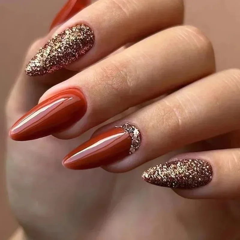24pcs Wearable Short Round Head False Nails Sparkling French Designs Full Cover Almond fake nails with glue Press On nails tips