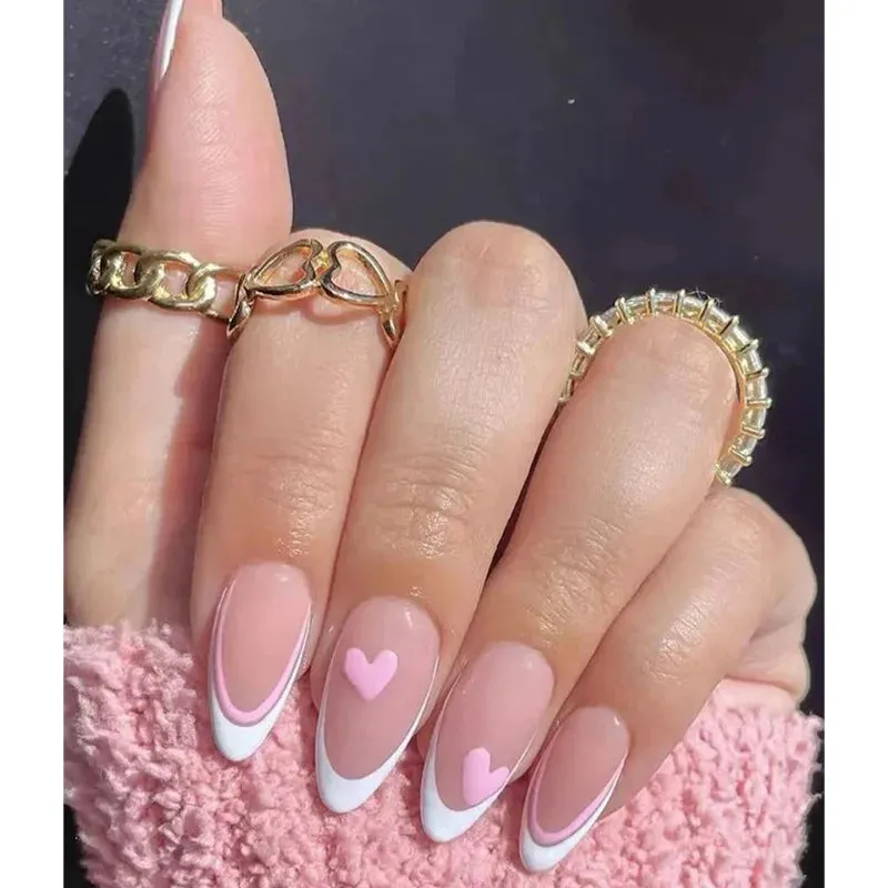 24pcs Wearable Short Round Head False Nails Sparkling French Designs Full Cover Almond fake nails with glue Press On nails tips