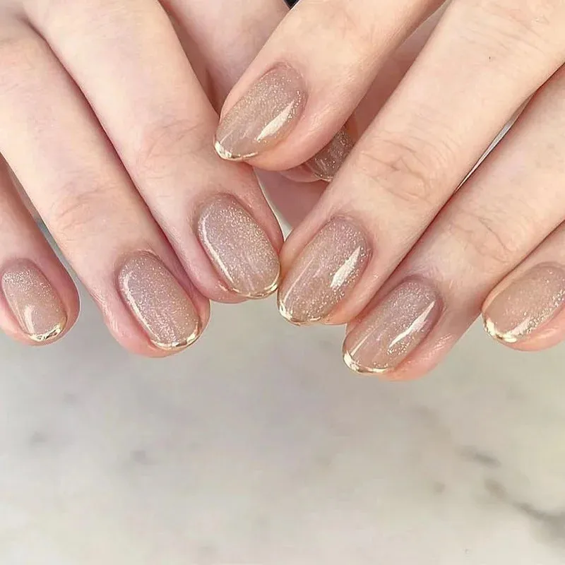 24pcs Wearable Short Round Head False Nails Sparkling French Designs Full Cover Almond fake nails with glue Press On nails tips