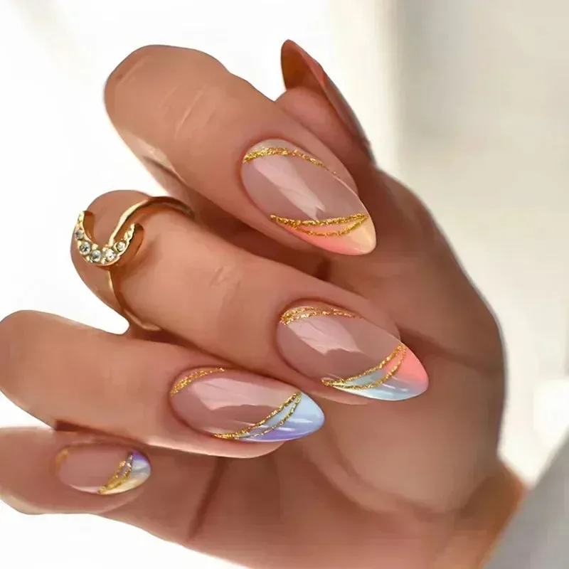 24pcs Wearable Short Round Head False Nails Sparkling French Designs Full Cover Almond fake nails with glue Press On nails tips