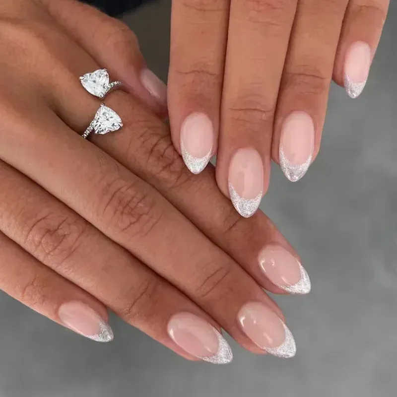 24pcs Wearable Short Round Head False Nails Sparkling French Designs Full Cover Almond fake nails with glue Press On nails tips