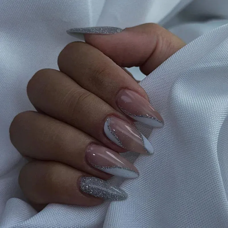 24pcs Wearable Short Round Head False Nails Sparkling French Designs Full Cover Almond fake nails with glue Press On nails tips