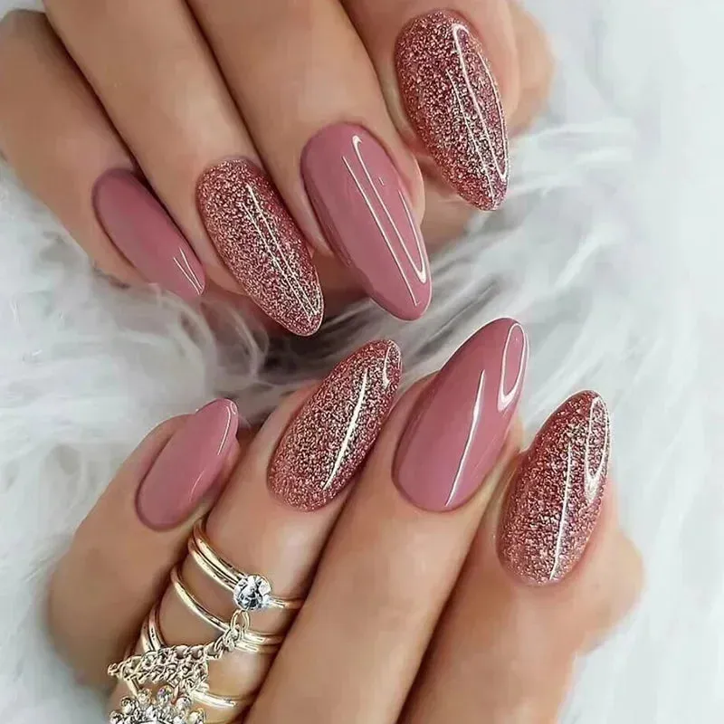 24pcs Wearable Short Round Head False Nails Sparkling French Designs Full Cover Almond fake nails with glue Press On nails tips