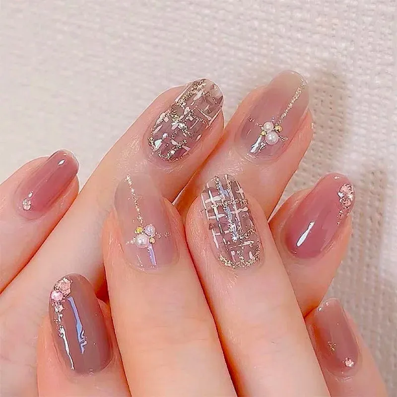 24pcs Wearable Short Round Head False Nails Sparkling French Designs Full Cover Almond fake nails with glue Press On nails tips