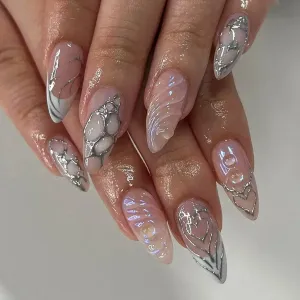 24pcs Wearable Short Round Head False Nails Sparkling French Designs Full Cover Almond fake nails with glue Press On nails tips