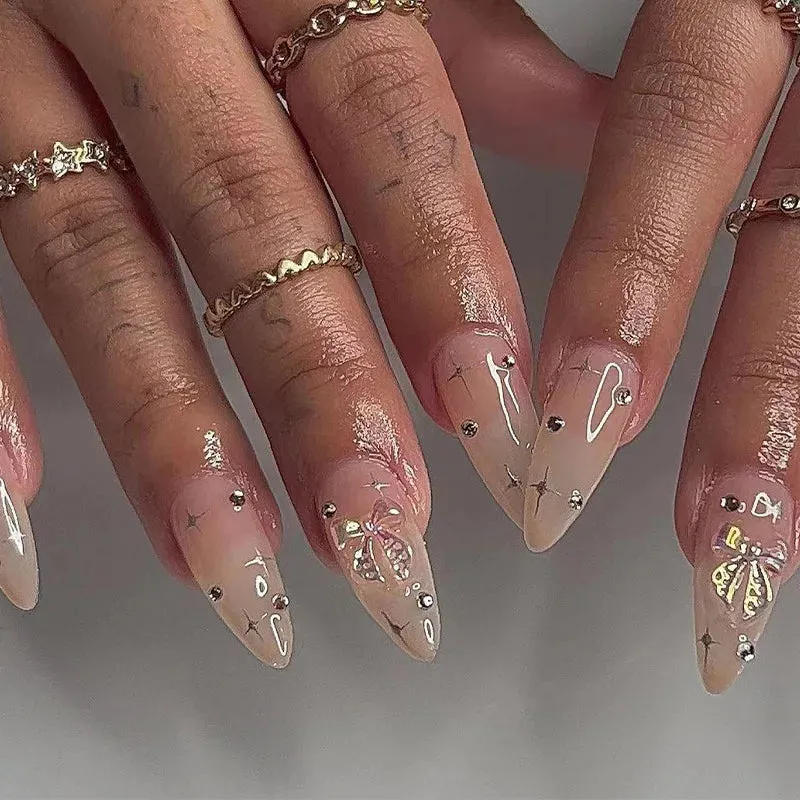 24pcs Wearable Short Round Head False Nails Sparkling French Designs Full Cover Almond fake nails with glue Press On nails tips