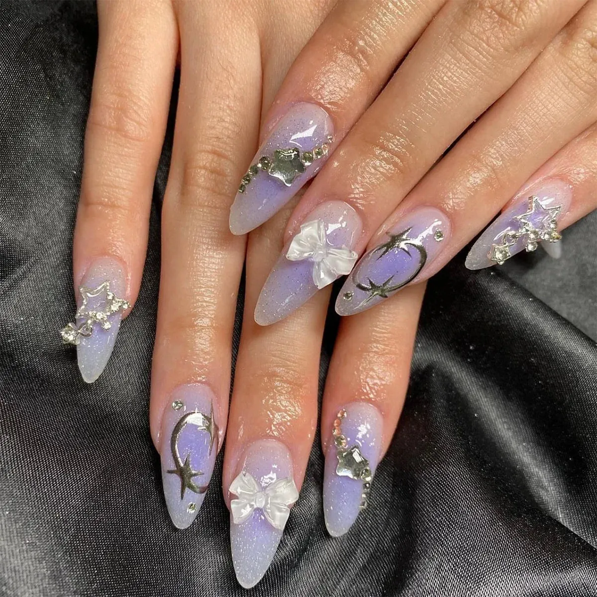 24pcs Wearable Short Round Head False Nails Sparkling French Designs Full Cover Almond fake nails with glue Press On nails tips