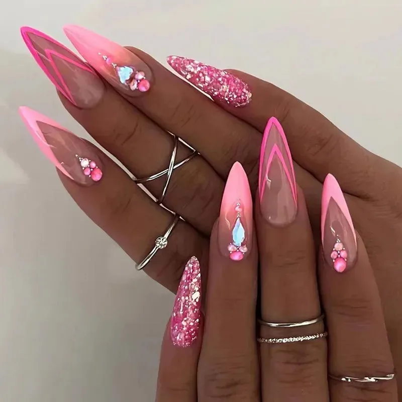 24pcs Wearable Short Round Head False Nails Sparkling French Designs Full Cover Almond fake nails with glue Press On nails tips