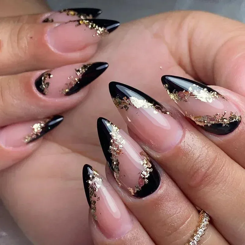 24pcs Wearable Short Round Head False Nails Sparkling French Designs Full Cover Almond fake nails with glue Press On nails tips