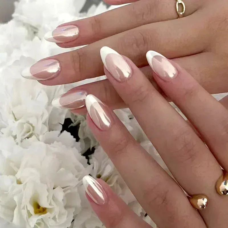 24pcs Wearable Short Round Head False Nails Sparkling French Designs Full Cover Almond fake nails with glue Press On nails tips