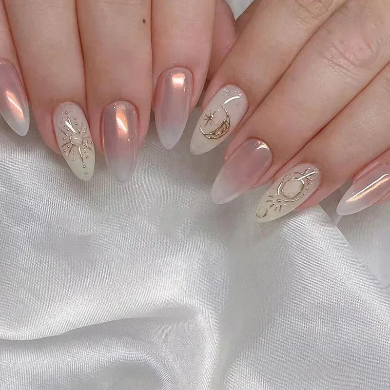 24pcs Wearable Short Round Head False Nails Sparkling French Designs Full Cover Almond fake nails with glue Press On nails tips