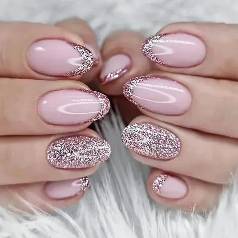 24pcs Wearable Short Round Head False Nails Sparkling French Designs Full Cover Almond fake nails with glue Press On nails tips