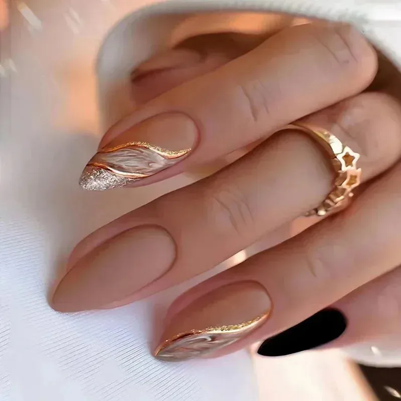 24pcs Wearable Short Round Head False Nails Sparkling French Designs Full Cover Almond fake nails with glue Press On nails tips