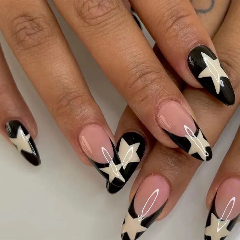 24pcs Wearable Short Round Head False Nails Sparkling French Designs Full Cover Almond fake nails with glue Press On nails tips
