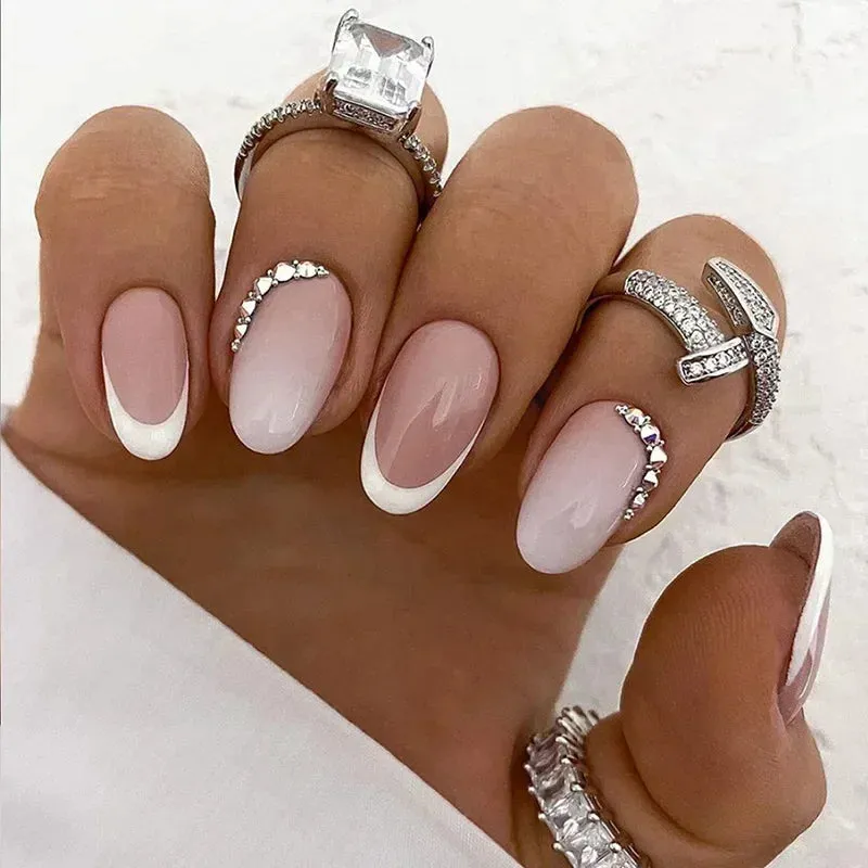 24pcs Wearable Short Round Head False Nails Sparkling French Designs Full Cover Almond fake nails with glue Press On nails tips