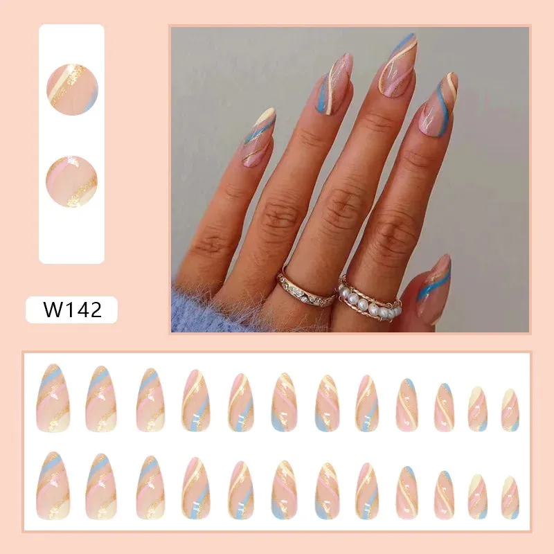 24pcs/Box Ballerina Nail Tip Purple with Design Manicure Patches Fresh Floral Almond False Nails Press on Med Nails Detachable
