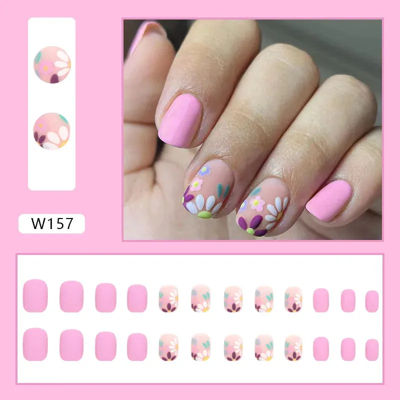 24pcs/Box Ballerina Nail Tip Purple with Design Manicure Patches Fresh Floral Almond False Nails Press on Med Nails Detachable