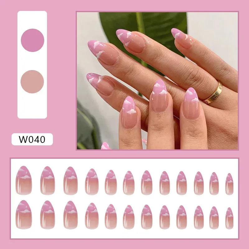 24pcs/Box Ballerina Nail Tip Purple with Design Manicure Patches Fresh Floral Almond False Nails Press on Med Nails Detachable