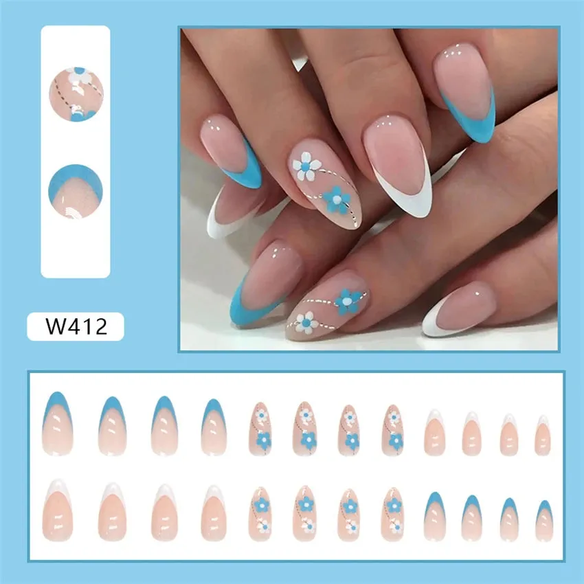 24pcs/Box Ballerina Nail Tip Purple with Design Manicure Patches Fresh Floral Almond False Nails Press on Med Nails Detachable